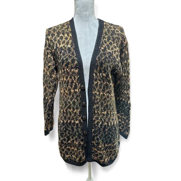 PERUVIAN CONNECTION Leopard Print Long Cardigan Sweater Small Pima Cotton - Picture 1 of 6